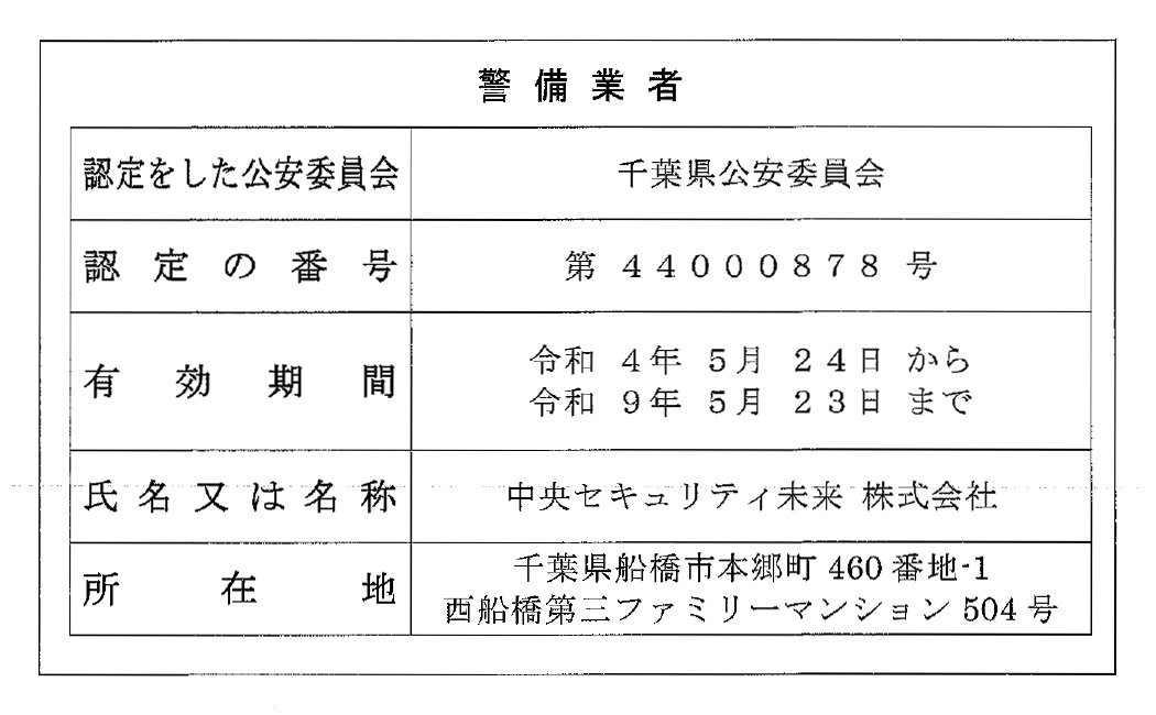 警備業者認定証